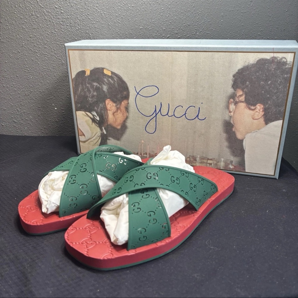 Gucci Sandals GG Red/Green Rubber Mens Slip On Sandal/Slide US 6